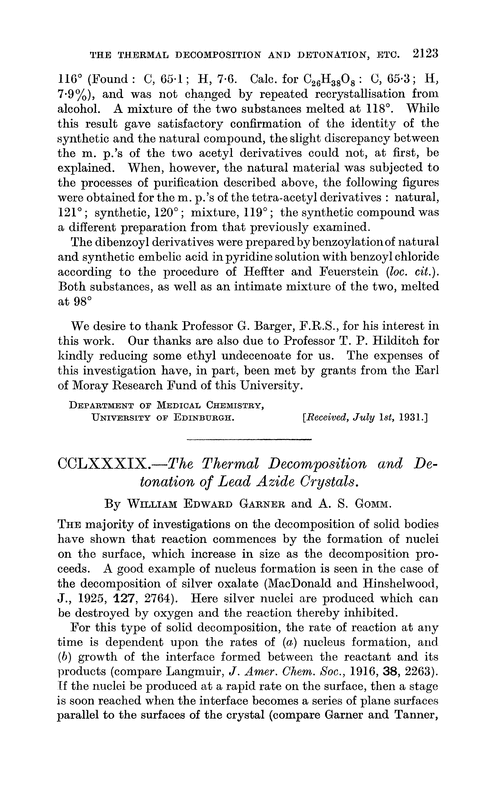 CCLXXXIX.—The thermal decomposition and detonation of lead azide crystals