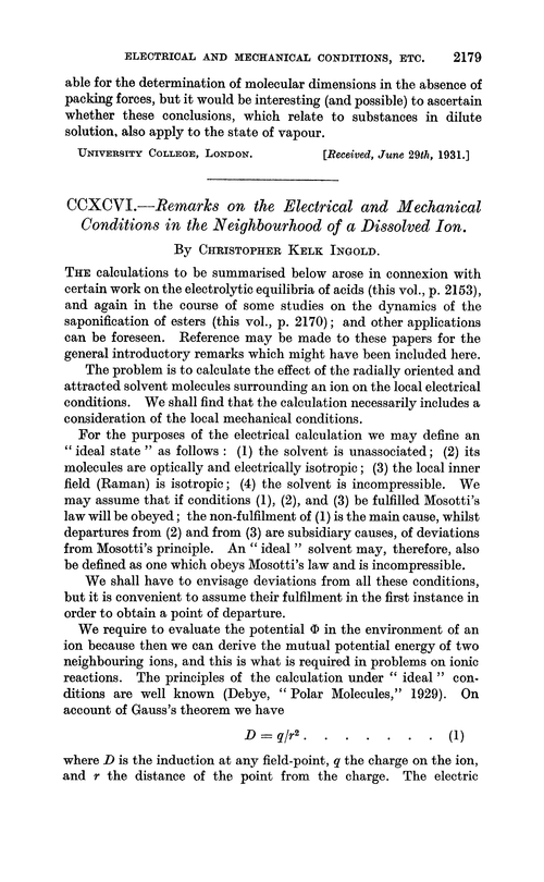 CCXCVI.—Remarks on the electrical and mechanical conditions in the neighbourhood of a dissolved ion