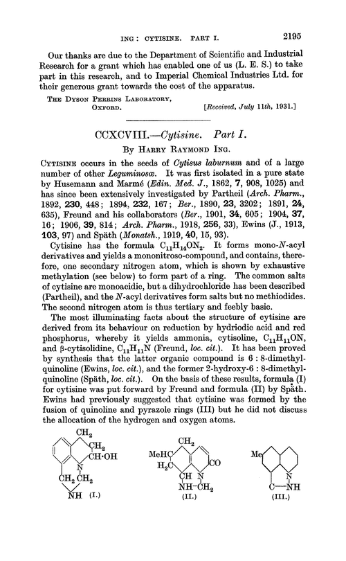 CCXCVIII.—Cytisine. Part I