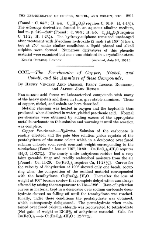 CCCI.—The per-rhenates of copper, nickel, and cobalt, and the ammines of these compounds