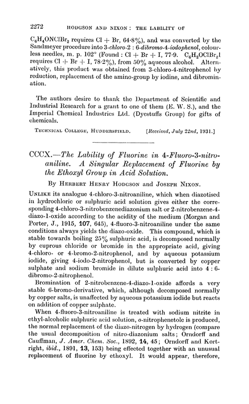CCCX.—The lability of fluorine, in 4-fluoro-3-nitro-aniline. A singular replacement of fluorine by the ethoxyl group in acid solution