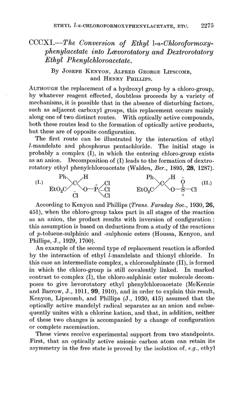 CCCXI.—The conversion of ethyl 1-α-chloroformoxy-phenylacetate into lævorotatory and dextrorotatory ethyl phenylchloroacetate