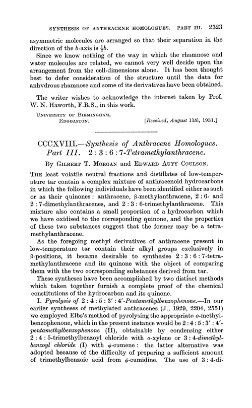 CCCXVIII.—Synthesis of anthracene homologues. Part III. 2 : 3 : 6 : 7-Tetramethylanthracene