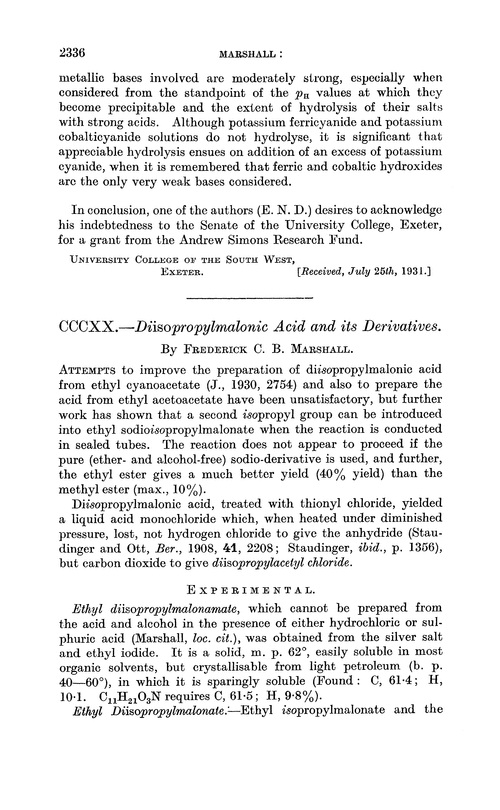 CCCXX.—Diisopropylmalonic acid and its derivatives