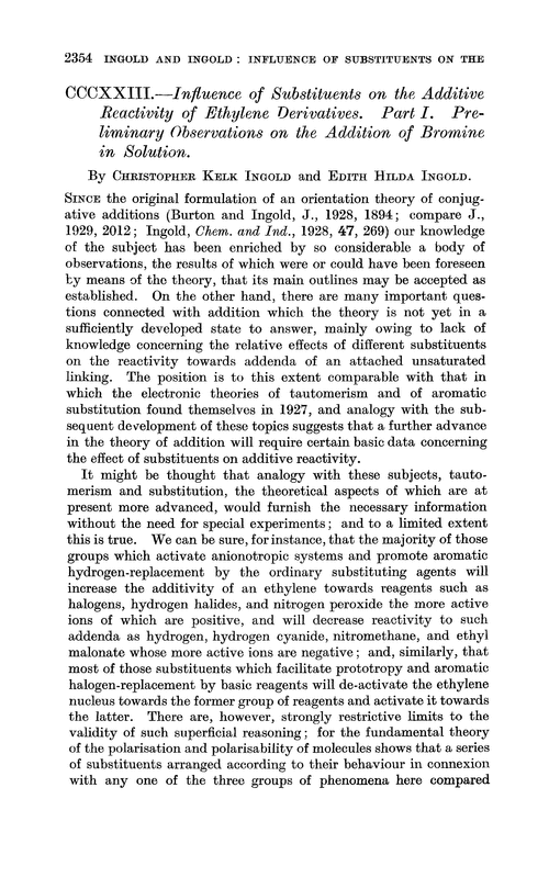 CCCXXIII.—Influence of substituents on the additive reactivity of ethylene derivatives. Part I. Preliminary observations on the addition of bromine in solution