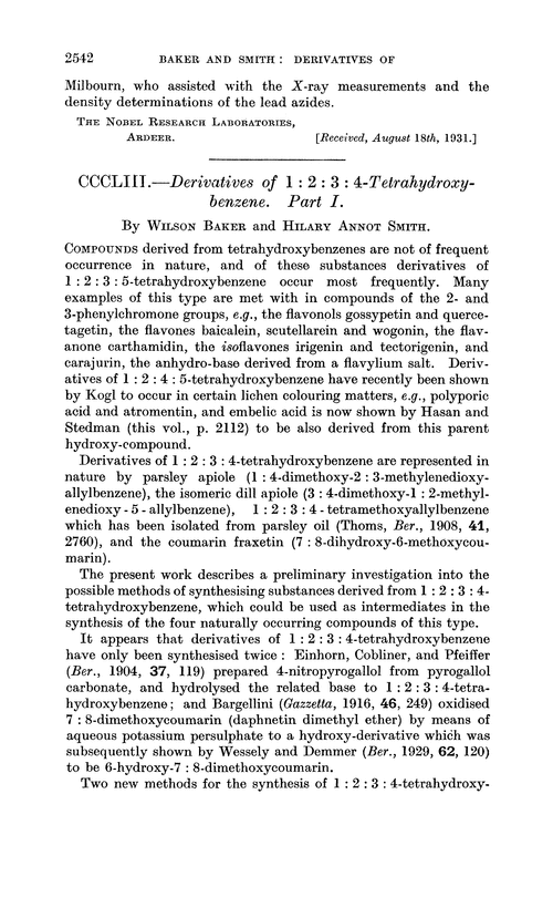 CCCLIII.—Derivatives of 1 : 2 : 3 : 4-tetrahydroxybenzene. Part I