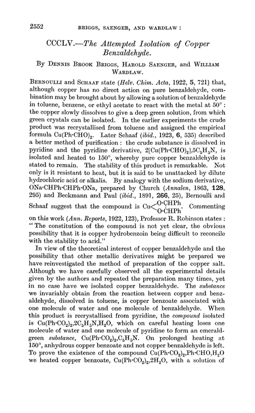 CCCLV.—The attempted isolation of copper benzaldehyde