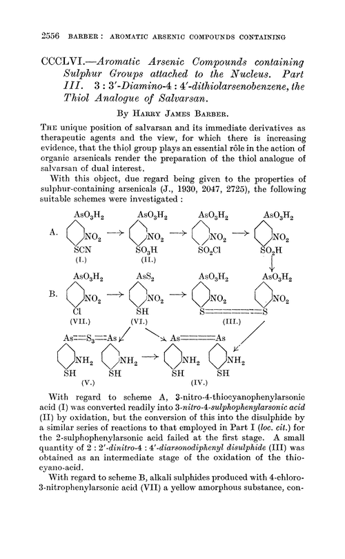 CCCLVI.—Aromatic arsenic compounds containing sulphur groups attached to the nucleus. Part III. 3 : 3′-Diamino-4 : 4′-dithiolarsenobenzene, the thiol analogue of salvarsan