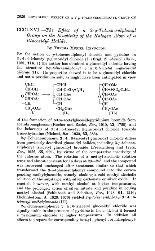 CCCLXVI.—The effect of a 2-p-toluenesulphonyl group on the reactivity of the halogen atom of a glucosidyl halide