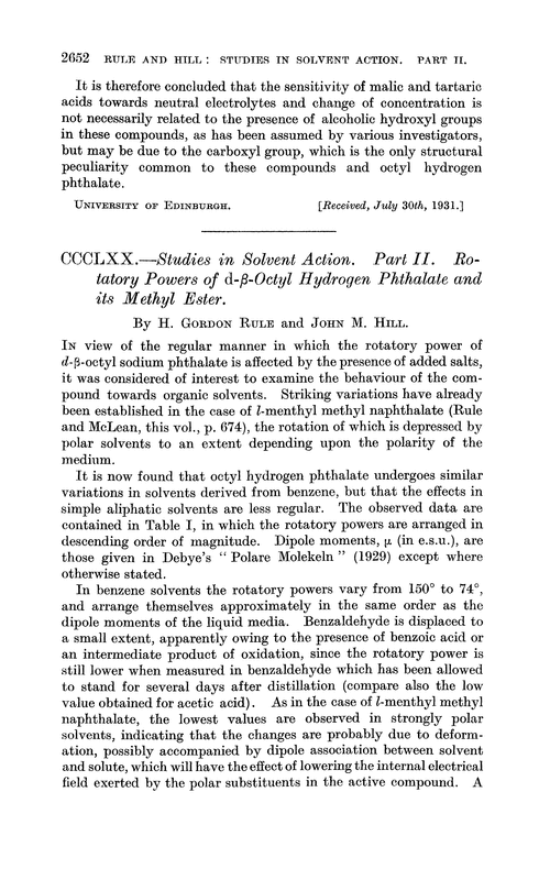 CCCLXX.—Studies in solvent action. Part II. Rotatory powers of d-β-octyl hydrogen phthalate and its methyl ester