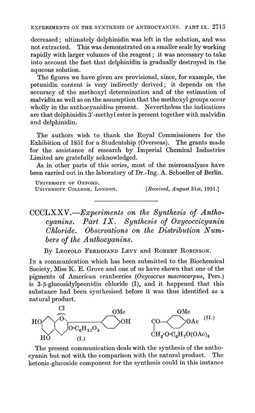 CCCLXXV.—Experiments on the synthesis of anthocyanins. Part IX. Synthesis of oxycoccicyanin chloride. Observations on the distribution numbers of the anthocyanins