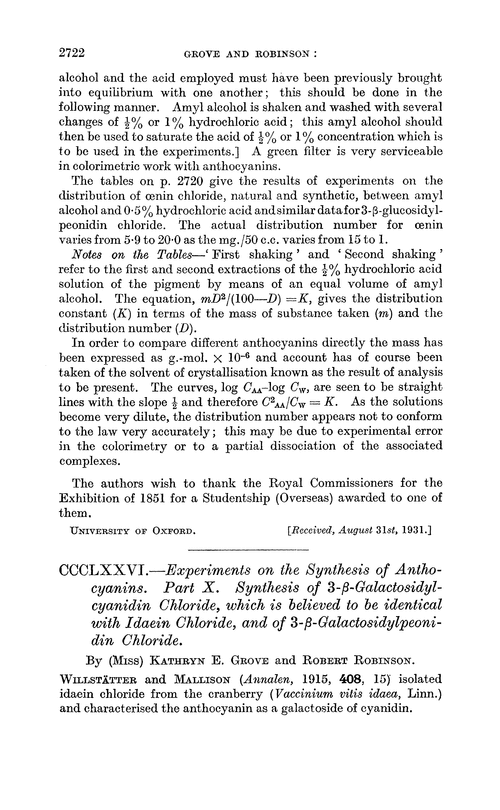 CCCLXXVI.—Experiments on the synthesis of anthocyanins. Part X. Synthesis of 3-β-galactosidylcyanidin chloride, which is believed to be identical with idaein chloride, and of 3-β-galactosidylpeonidin chloride