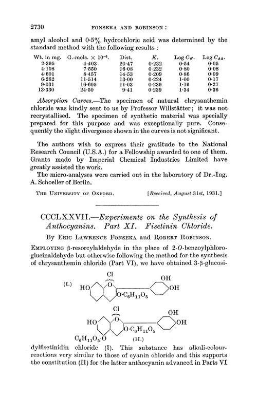 CCCLXXVII.—Experiments on the synthesis of anthocyanins. Part XI. Fisetinin chloride