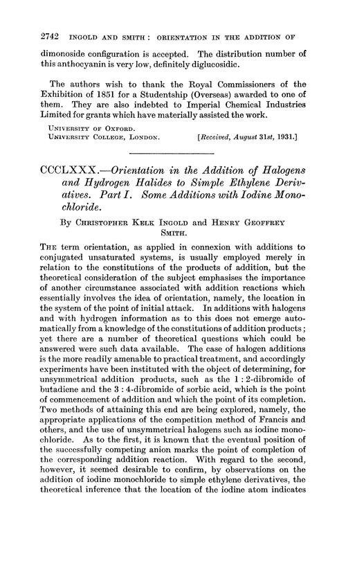CCCLXXX.—Orientation in the addition of halogens and hydrogen halides to simple ethylene derivatives. Part I. Some additions with iodine monochloride