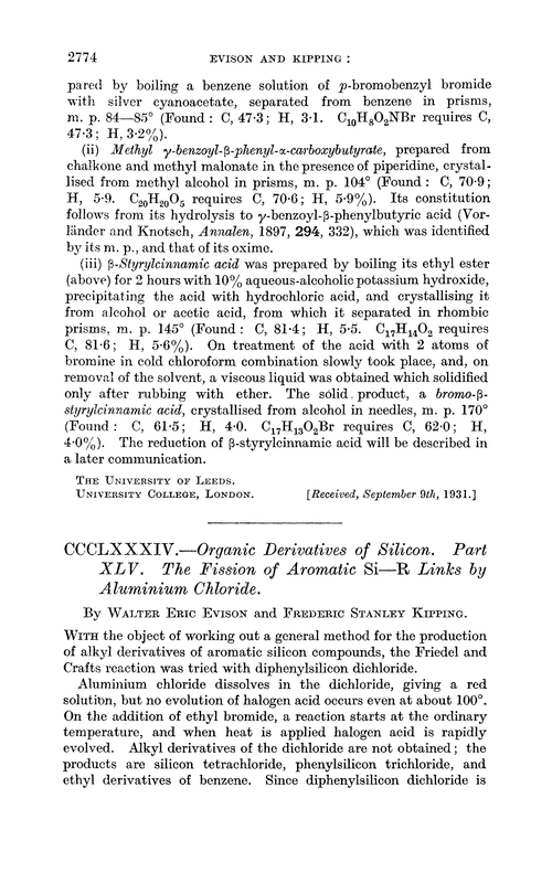 CCCLXXXIV.—Organic derivatives of silicon. Part XLV. The fission of aromatic Si—R links by aluminium chloride
