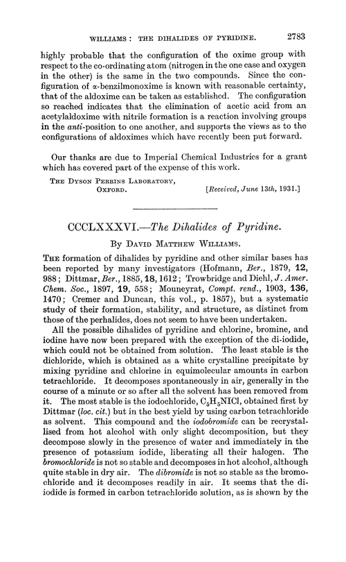 CCCLXXXVI.—The dihalides of pyridine