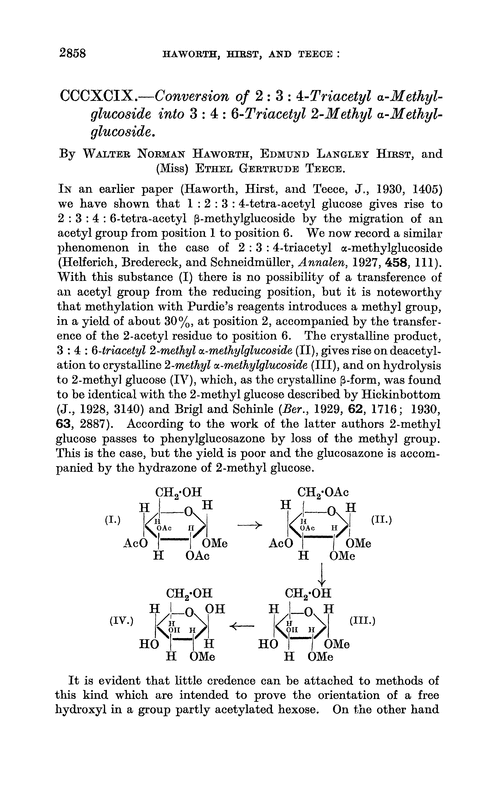 CCCXCIX.—Conversion of 2 : 3 : 4-triacetyl α-methylglucoside into 3 : 4 : 6-triacetyl 2-methyl α-methylglucoside