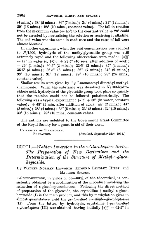 CCCCI.—Walden inversion in the α-glucoheptose series. The preparation of new derivatives and the determination of the structure of methyl-α-glucoheptoside