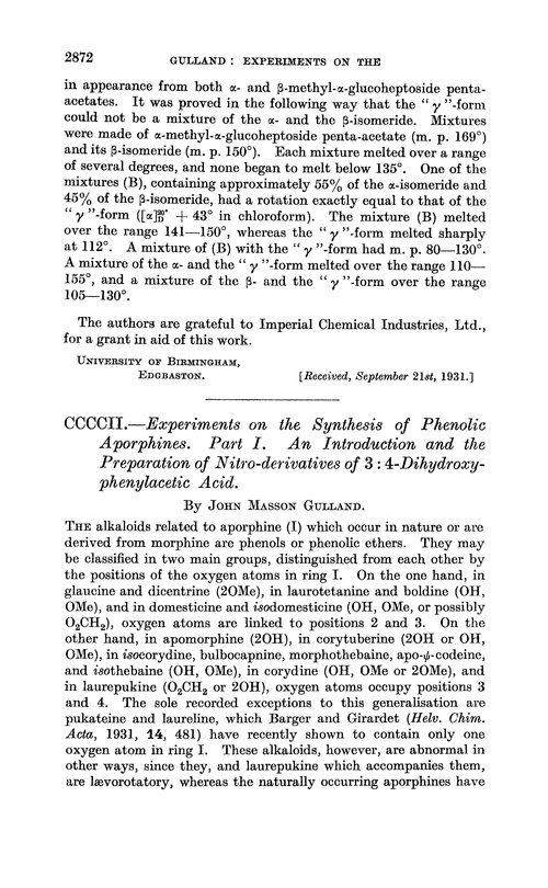 CCCCII.—Experiments on the synthesis of phenolic aporphines. Part I. An introduction and the preparation of nitro-derivatives of 3 : 4-dihydroxyphenylacetic acid