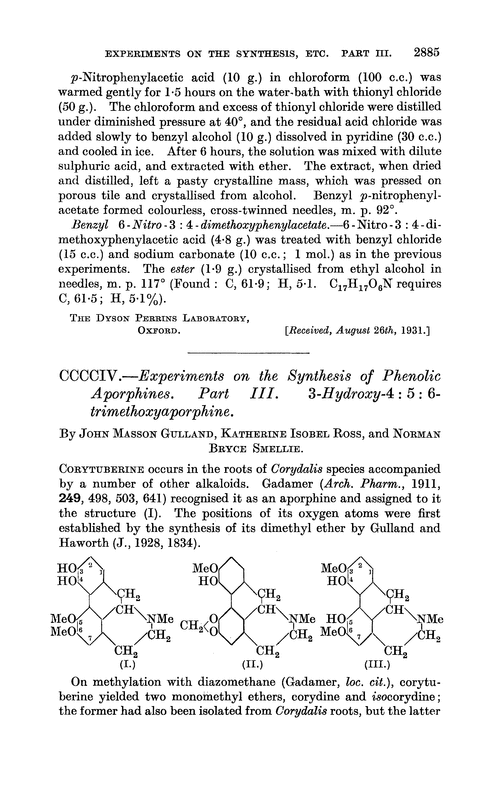 CCCCIV.—Experiments on the synthesis of phenolic aporphines. Part III. 3-Hydroxy-4 : 5 : 6-trimethoxyaporphine