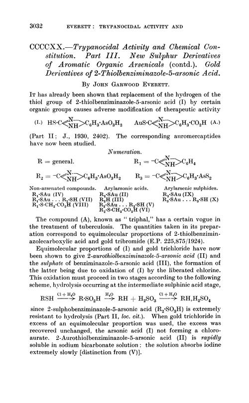 CCCCXX.—Trypanocidal activity and chemical constitution. Part III. New sulphur derivatives of aromatic organic arsenicals (contd.). Gold derivatives of 2-thiolbenziminazole-5-arsonic acid