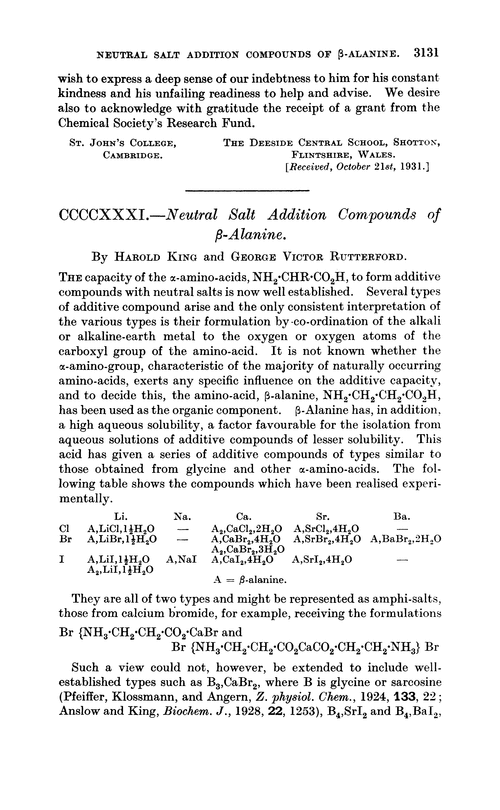 CCCCXXXI.—Neutral salt addition compounds of β-alanine