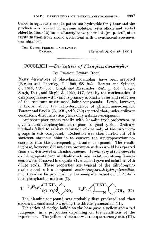 CCCCLXII.—Derivatives of phenylaminocamphor