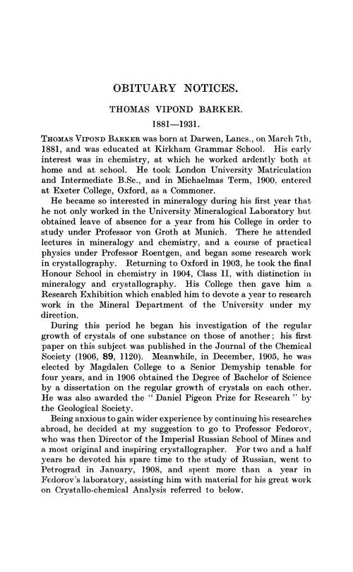 Obituary notices Thomas Vipond Barker, 18811931; Ethelbert William