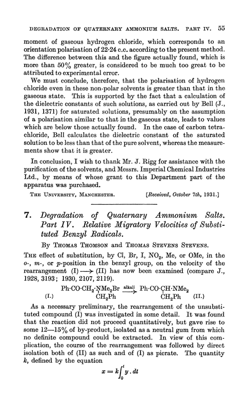 7. Degradation of quaternary ammonium salts. Part IV. Relative migratory velocities of substituted benzyl radicals