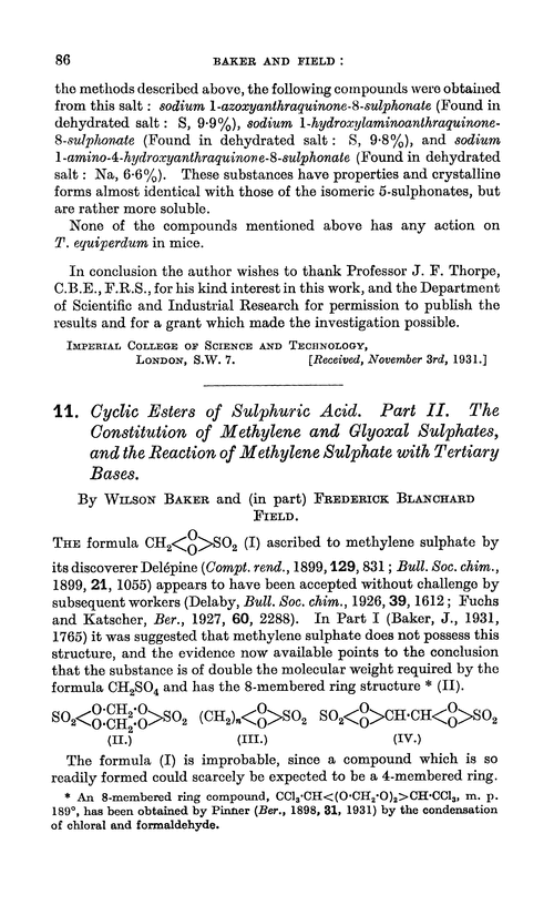 11. Cyclic esters of sulphuric acid. Part II. The constitution of methylene and glyoxal sulphates, and the reaction of methylene sulphate with tertiary bases