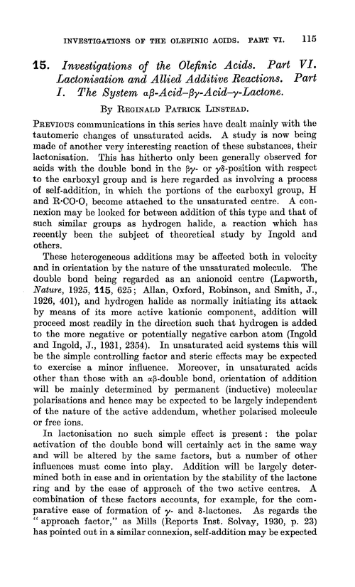 15. Investigations of the olefinic acids. Part VI. Lactonisation and allied additive reactions. Part I. The system αβ-acid–βγ-acid–γ-lactone