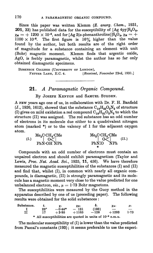 21. A paramagnetic organic compound