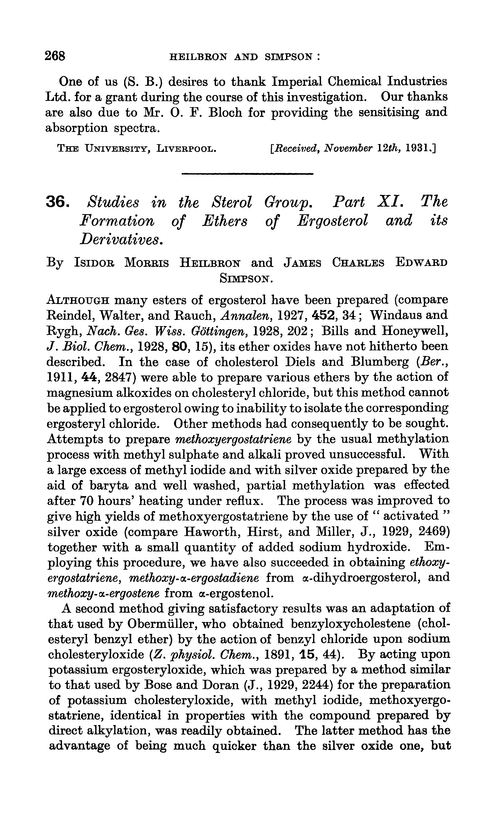 36. Studies in the sterol group. Part XI. The formation of ethers of ergosterol and its derivatives