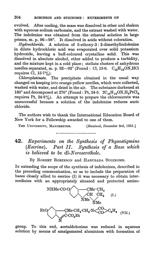 42. Experiments on the synthesis of physostigmine (eserine). Part II. Synthesis of a base which is believed to be dl-noreserethole