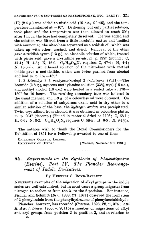 44. Experiments on the synthesis of physostigmine (eserine). Part IV. The plancher rearrangement of indole derivatives