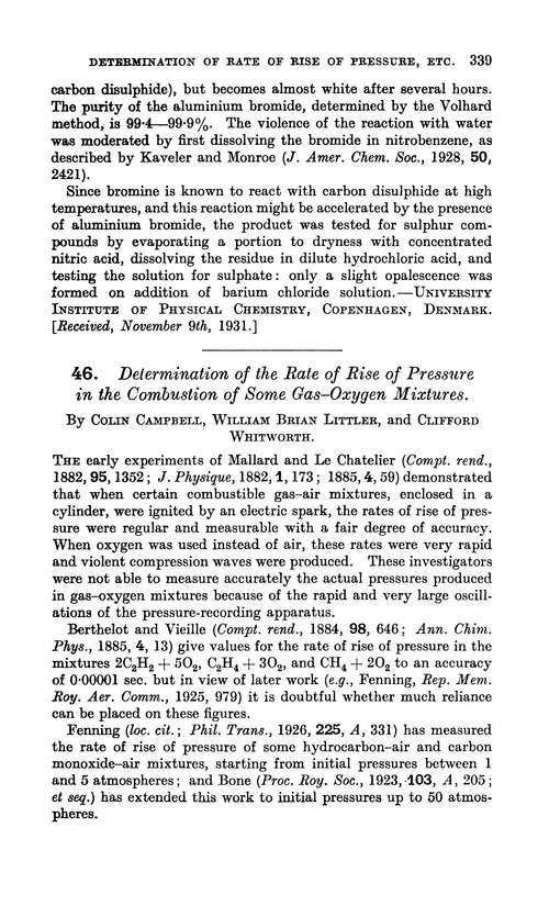 46. Determination of the rate of rise of pressure in the combustion of some gas–oxygen mixtures