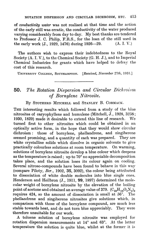 50. The rotation dispersion and circular dichroism of bornylene nitrosite