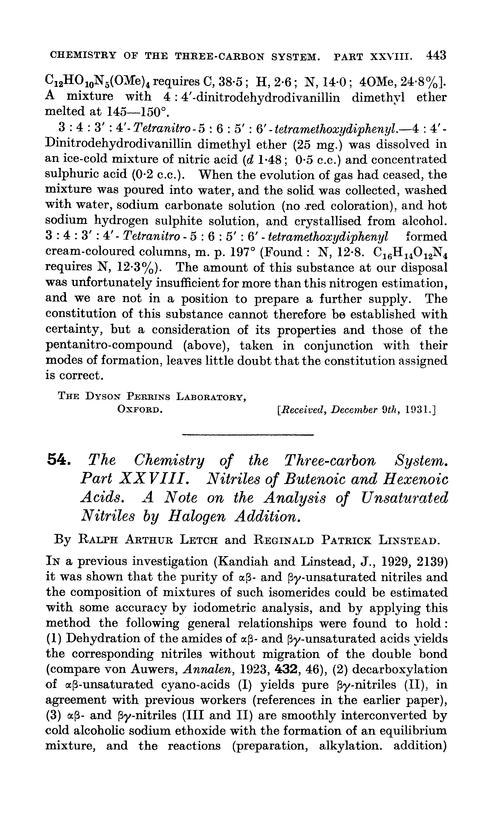 54. The chemistry of the three-carbon system. Part XXVIII. Nitriles of butenoic and hexenoic acids. A note on the analysis of unsaturated nitriles by halogen addition
