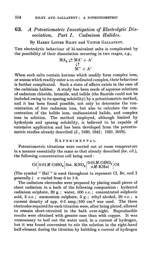 63. A potentiometric investigation of electrolytic dissociation. Part I. Cadmium halides