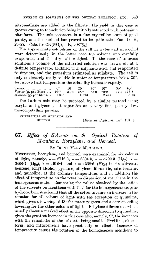 67. Effect of solvents on the optical rotation of methene, bornylene, and borneol