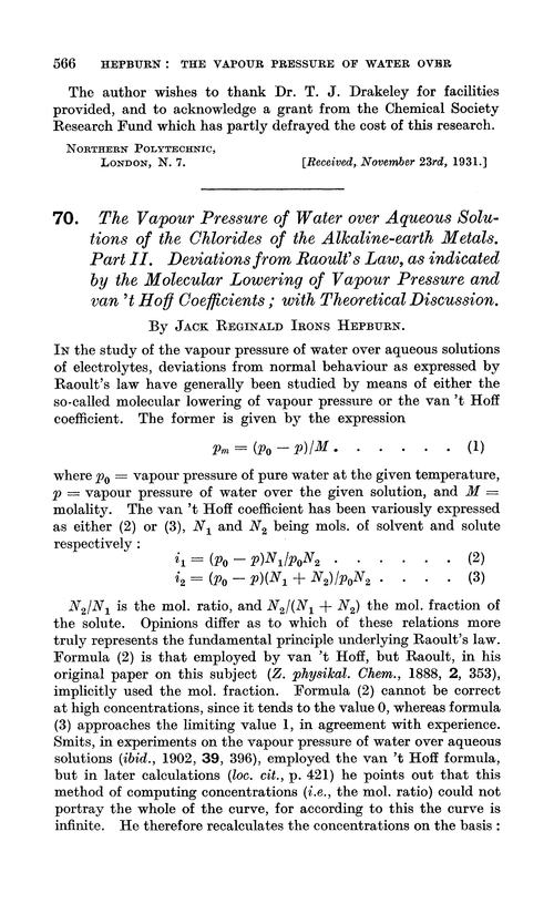 70. The vapour pressure of water over aqueous solutions of the chlorides of the alkaline-earth metals. Part II. Deviations from Raoult's law, as indicated by the molecular lowering of vapour pressure and van 't Hoff coefficients; with theoretical discussion