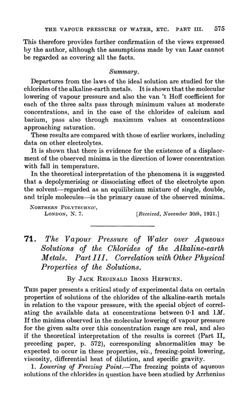 71. The vapour pressure of water over aqueous solutions of the chlorides of the alkaline-earth metals. Part III. Correlation with other physical properties of the solutions