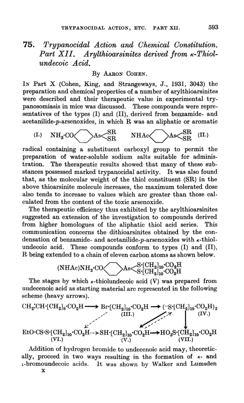 75. Trypanocidal action and chemical constitution. Part XII. Arylthioarsinites derived from κ-thiolundecoic acid