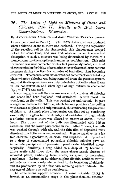 76. The action of light on mixtures of ozone and chlorine. Part II. Results with high ozone concentrations. Discussion