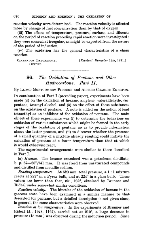 86. The oxidation of pentane and other hydrocarbons. Part II