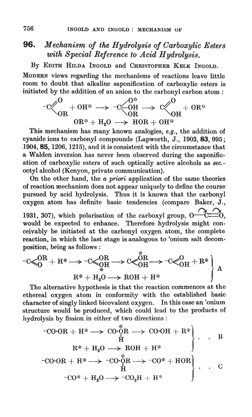 96. Mechanism of the hydrolysis of carboxylic esters with special reference to acid hydrolysis