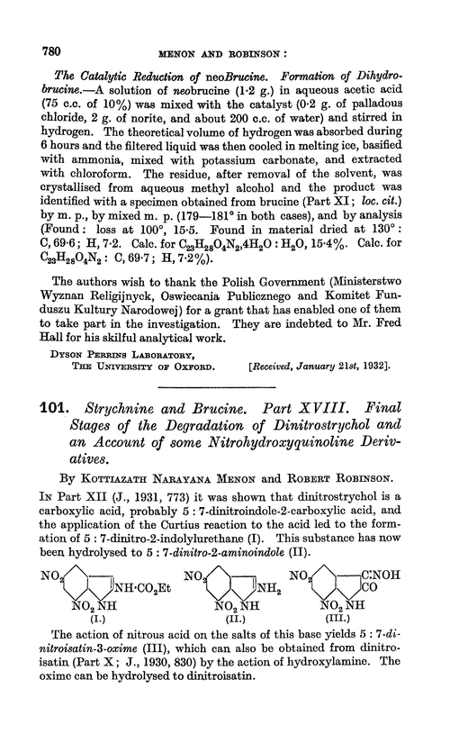 101. Strychnine and brucine. Part XVIII. Final stages of the degradation of dinitrostrychol and an account of some nitrohydroxyquinoline derivatives