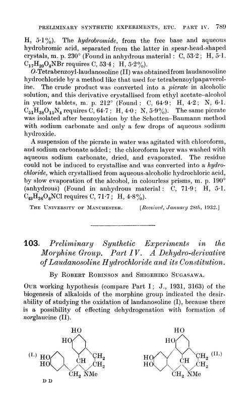103. Preliminary synthetic experiments in the morphine group. Part IV. A dehydro-derivative of laudanosoline hydrochloride and its constitution