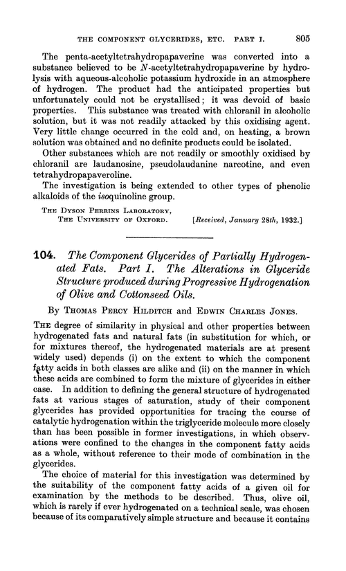 104. The component glycerides of partially hydrogenated fats. Part I. The alterations in glyceride structure produced during progressive hydrogenation of olive and cottonseed oils