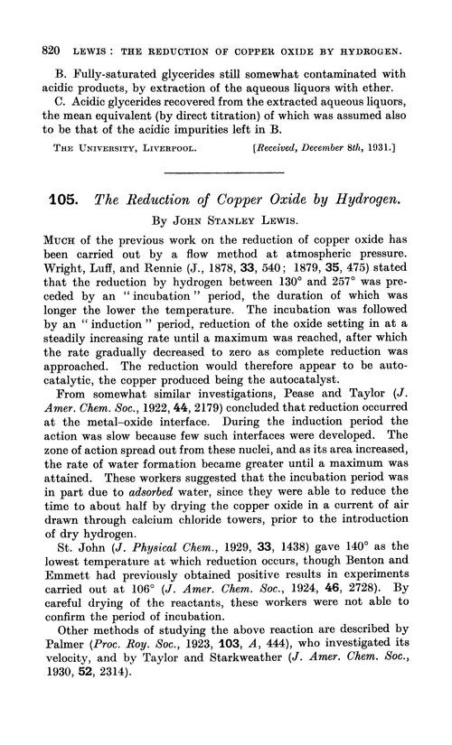 105. The reduction of copper oxide by hydrogen Journal of the